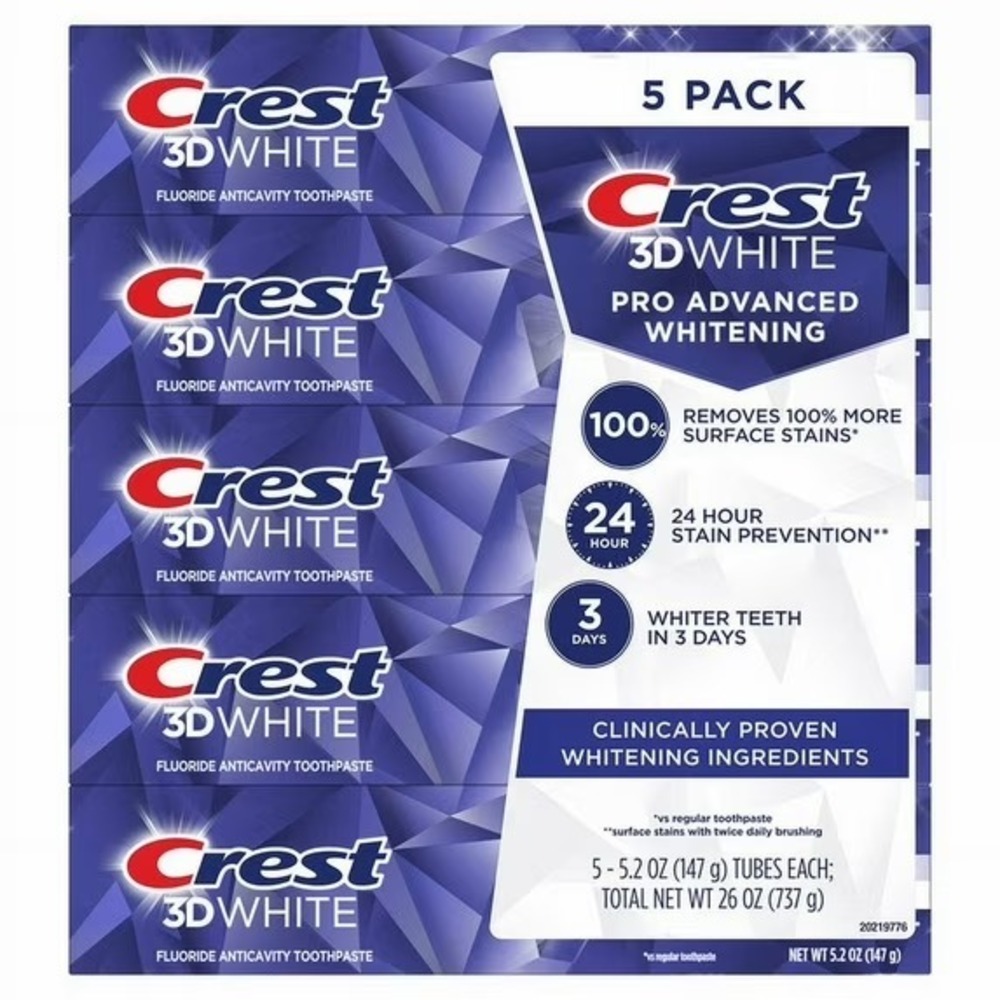 Crest 3D White Advanced Whitening Toothpaste 5.2 oz 5-Pack Fluoride Enamel Safe